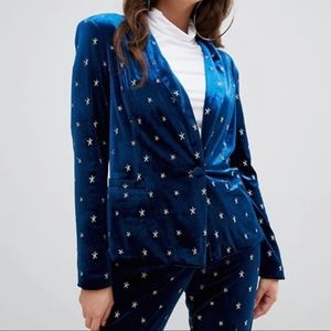 UNIQUE21 Blue Velvet Blazer with Star Embroidery